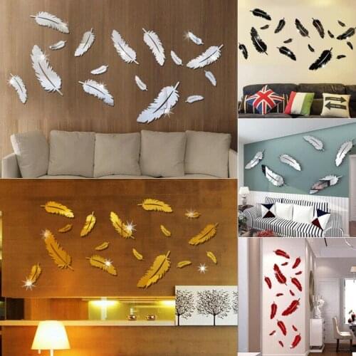 8Pcs Feather 3D Mirror Wall Stickers Home Decor Art Decal Wall Stickers for Kids Room Living Room Decorating Mural Decoration