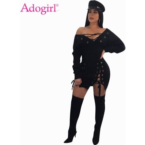Adogirl Grommet Lace Up Bodycon Ribbed Dress Women Sexy V Neck Off Shoulder Long Sleeve Mini Night Club Dresses Female Outfits