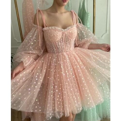LORIE Glitter Prom Dresses Spaghetti Strap Shiny Love Tulle Tea Length Arabic Wedding Party Graduation Dress 2021