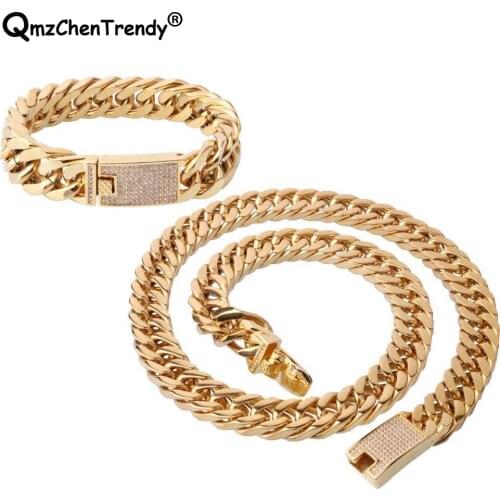 Hiphop Men Cuban Miami Link Chain Necklace Bracelet 316L Stainless steel Gold CZ Clasp Lock Tone Hip hop Heavy Chain Jewelry Set