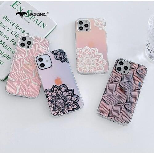 Laser Gradient Mandala Phone Case for iPhone 12 11 Pro Max XR Xs MAX Soft Shiny Purple Flower Case for iPhone 7 8 Plus Cover Hot