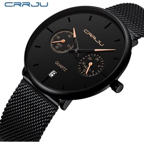 CRRJU New Men Watch Steel Mesh Band Quartz Analog Wristwatch 3ATM Waterproof Hardlex Glass Male Date Clock Relogio Masculino