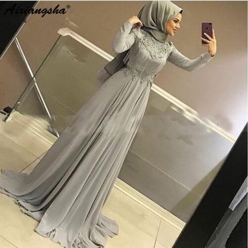 Elegant Muslim Evening Dress Silver Grey Chiffon Long Sleeve Appliques Beaded Tassel Abaya Kaftan Dubai Prom Dresses