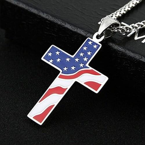American Flag Stars and Stripes Cross Religious Accessories Enamel Pendant Necklace Jewellery Gift Fashion