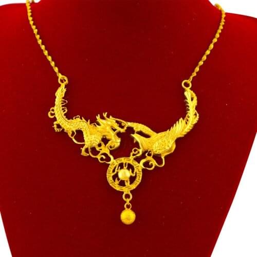 Classic Chinese Dragon & Phoenix Pendant 14K Gold Necklace for Bridal Womens Wedding Jewelry Water Wave Chain Necklace Female