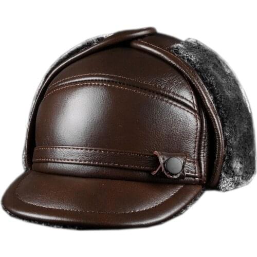 Leather cap mens leather hat outdoor Leather Hat fur hat 2019 winter fashion husband father hat for gift