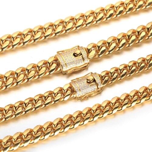 10MM/14MM Cuban Miami Chain Necklace Stainless steel Bling CZ Casting Clasp Iced Out Gold Silver Plated Men Hip hop Jewelry