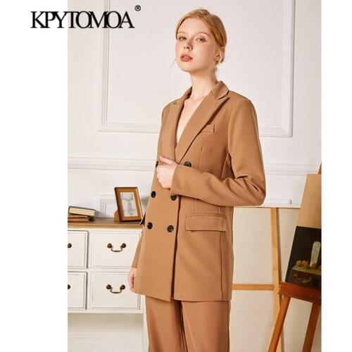 KPYTOMOA Women 2021 Fashion Office Wear Double Breasted Blazers Coat Vintage Long Sleeve Pockets Female Outerwear Chic Tops