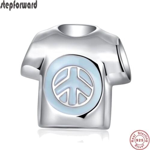 Trendy Peach Theme Jewelry Blue Enamel 925 Sterling Silver Peace Sign Boy T-shirt Charm Fit Necklace Authentic Beads Jewelry