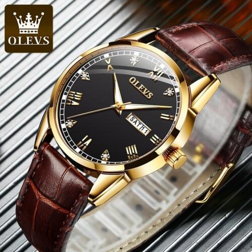 OLEVS Mens Watch Fashion Quartz Watch for Men Luxury Diamond Leather Waterproof Luminous Business Sports Quartz Wristwatch