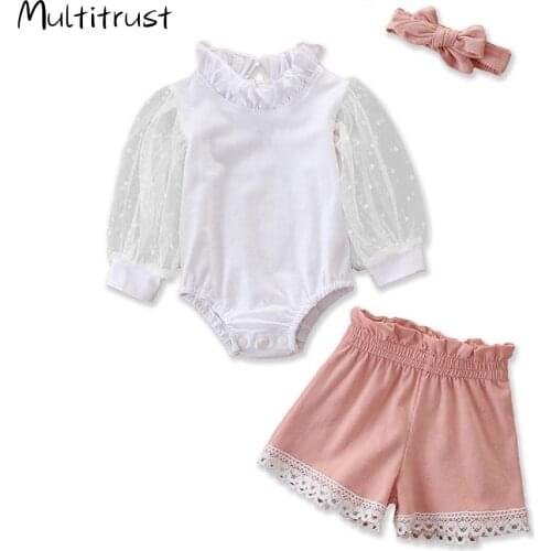 0-24M Baby Girls 2020 Autumn Clothing Outfits Newborn Girls Mesh Long Sleeve Rompers+Lace Shorts +Headband 3pcs Clothing Sets