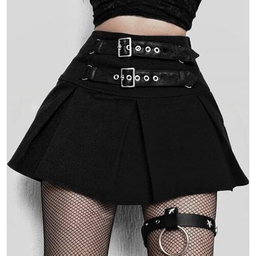 New Autumn Gothic Black Skirt Women Harajuku Punk Style Fashion Patchwork Leather buckle High Waist A-Line Skirts