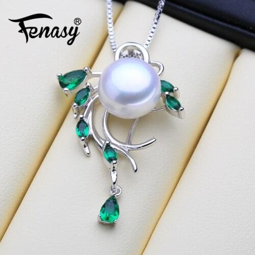 FENASY Natural Freshwater Pearl Pendant Necklace For Women Bohemian 925 Sterling Silver Green Stones Emerald Tree Pendant