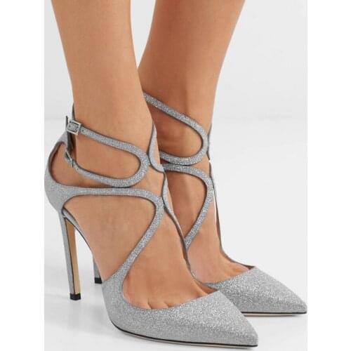 Moraima Snc Woman Pointed Toe High Heel Sandals Glitter Embellished Cutouts Sandals Ankle Strap Party Wedding Shoes Silver Heels