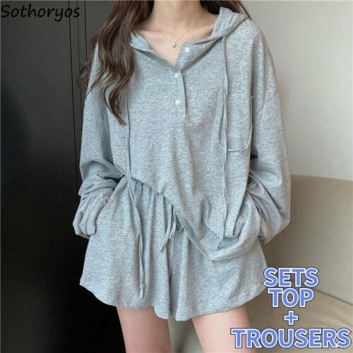 Sets Women Solid V-neck Single Breasted Hooded Tops Elastic Waist Females Short Trousers Korean Style Casual Ins Loose Fashion