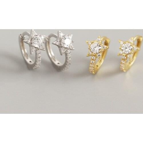 YPAY 100% Genuine 925 Sterling Silver Hoop Earrings for Women INS Zircon Geometric Star Earring Jewelry Christmas Gifts YME846