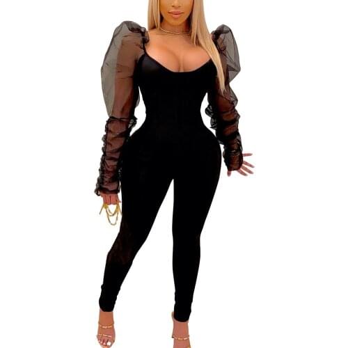Women Summer Mesh See Through Puff Sleeve Club Playsuit Autumn Sexy Solid Halter Party Jumpsuits Bodysuit Rompers