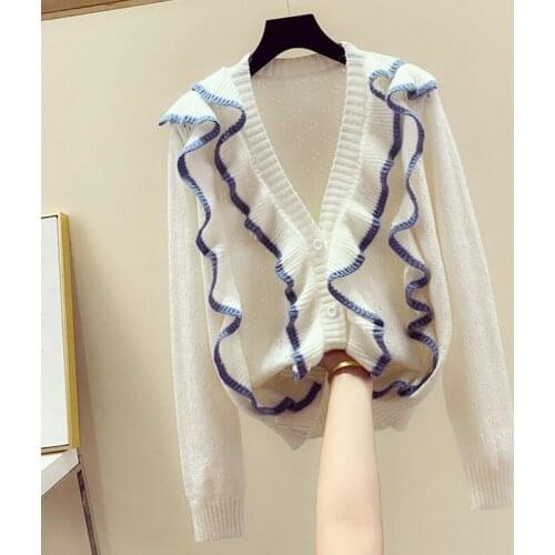 Hollow Knit Cardigan 2021 Female Spring Fall Sexy V-neck Ruffle Sweater Casual Loose Solid Color Womens Cardigan Jacket