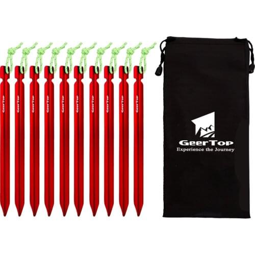 GeerTop Aluminum Tent Peg 10 PCS 18cm Ultralight Camping Pegs Tent Accessories with Reflective Cord Pouch Outdoor Hiking Stakes