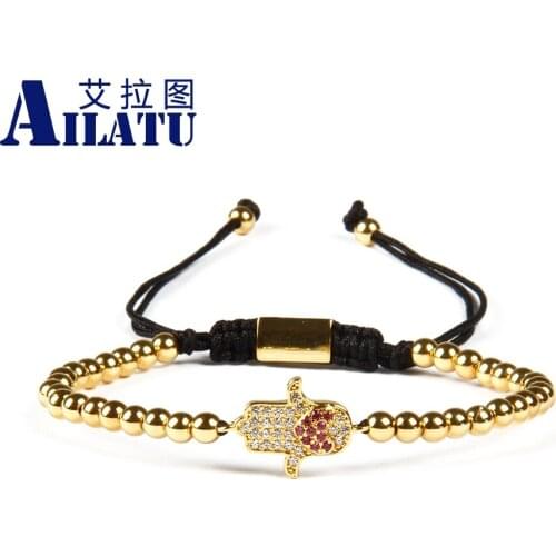 Ailatu Wholesale 10pcs/lot 4mm Stainless Steel Beads with Pink Cz Love Heart Fatima Hand Hamsa Macrame Bracelet