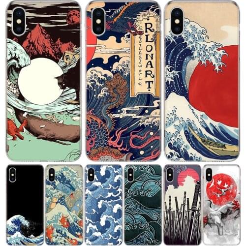 Hot Wave Art Japanese Green Illust Cover Phone Case For Iphone 11 12 Mini Pro 7 6 X 8 6S Plus XS MAX + XR 5S SE 10 9 Art TPU Coq
