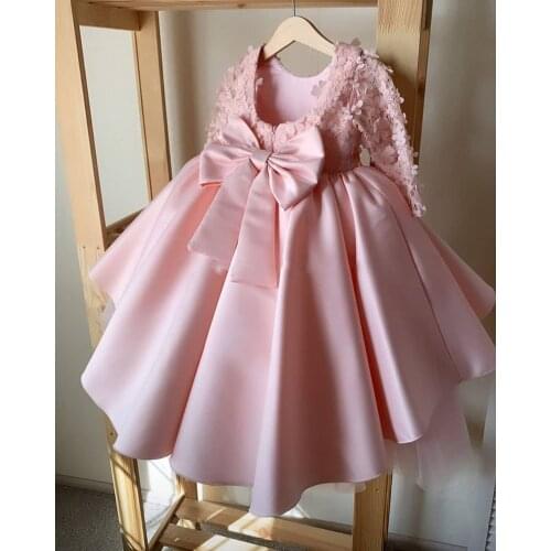 Long Sleeves Flower Girl Dresses Ball Gown Pink Satin Tulle Kids Pageant Gowns Baby Infant Birthday Party Dress Formal Wear