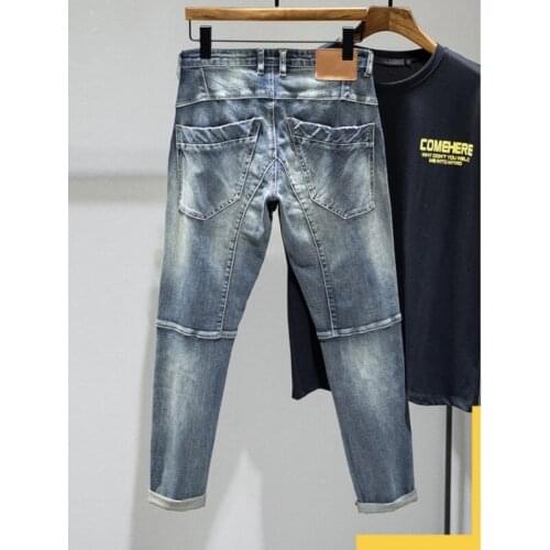 Biker Jeans Men Autumn Street Vintage Slim Denim Trousers High Quality Preppy Style Splice Zipper Blue Casual Pencil Pants Male