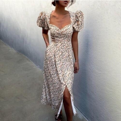 Summer Retro Floral Puff Sleeve Short Sleeve Dress V-neck Ladies Mid-length French Sundress Sexy Split Party Dress -40
