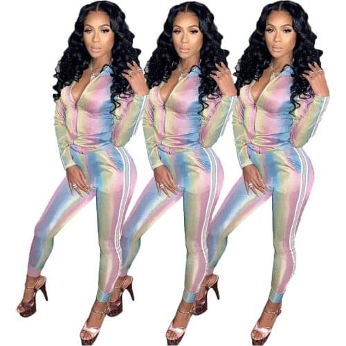 Fashion rainbow gradient color print lady set zipper jackets and skinny long pants 2 piece set fashion sexy club suit