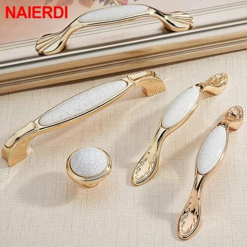 NAIERDI 10PCS European Creamic Gold and White Cabinet Handles Zinc Alloy Drawer Pulls Kitchen Door Knobs Furniture Handle