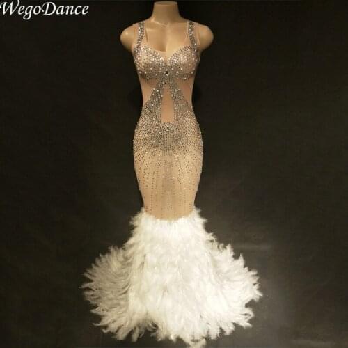 New Sexy Pearls Rhinestones full White Feather mesh Dress Women Birthday Party Celebrate Outfit Singer Costume Stage Show Dress