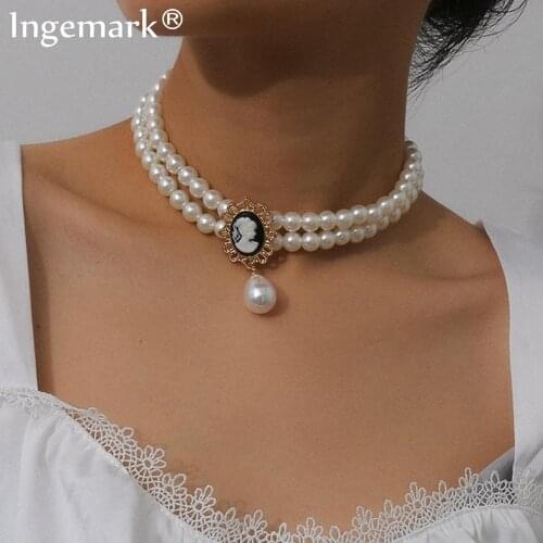 Elegant Multi Layer Imitation Pearl Choker Necklace Women Collares Punk Black Crystal Bead Tassel Pendant Necklace Party Jewelry