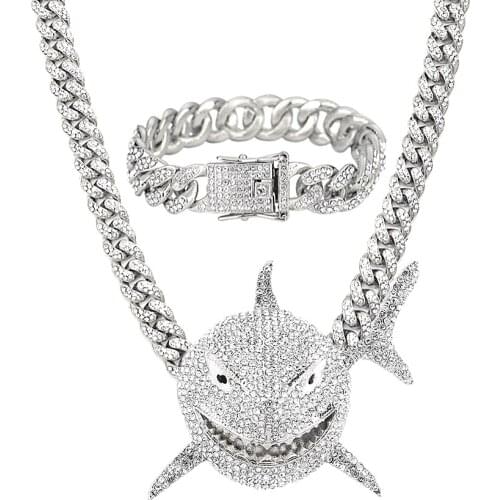 Shark Iced Out Pendant Necklace for Men Hip Hop Rock Iced Out Miami Cuban Link Chain Bracelet Fashion Jewelry Choker Necklace