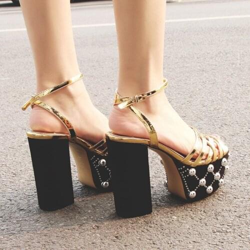 Sexy Button Rivets Studs Platform Chunky High Heels Sandals Ankle Strap Bling Leather Crossed Strappy Open Toe Party Sandals