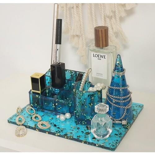 QIAOQIAO DIY Silicone Resin Molds Makeup Jewelry Display Tray Molds Kit with 9-Slot Lipstick Organizer Pen Holder Hexagon