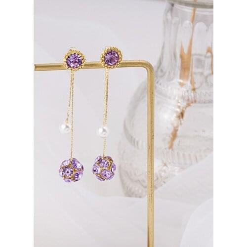 Luxury Purple Color Crystal Long Drop Earrings for Women Femme Gold Color Alloy Ball Imitation Pearl Dangle Earrings Pendientes