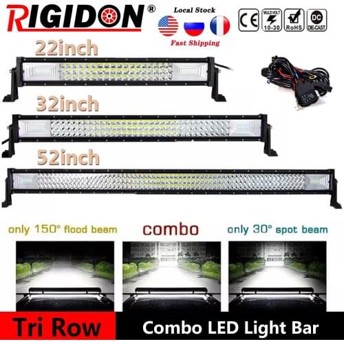 RIGIDON 7D Tri Row 22/32/52inch Offroad LED Light Bar Flood Spot Combo Beam for Jeep Truck 4WD UTE SUV Boat With Wiring Harness
