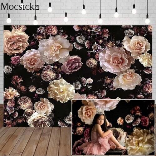 Big Flowers Wallpaper Dark Photography Background Pink Flower Newborn Child Portrait Birthday Backdrop Decor Props Photo Studio