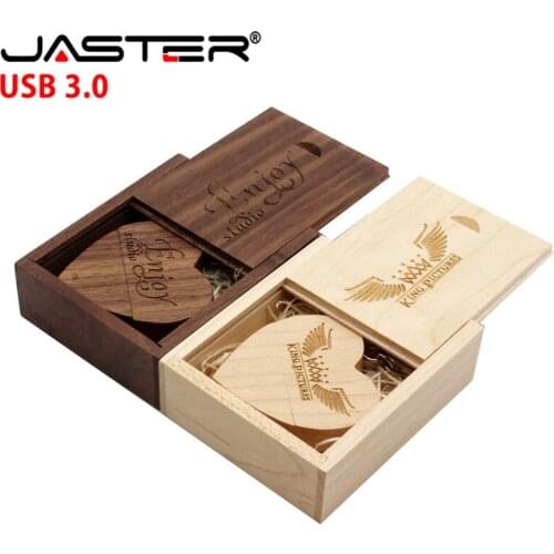 JASTER USB 3.0 (over 10 PCS free LOGO) walnut wooden heart + gift box USB flash drive USB creative pendrive 8GB 16GB 32GB 64GB