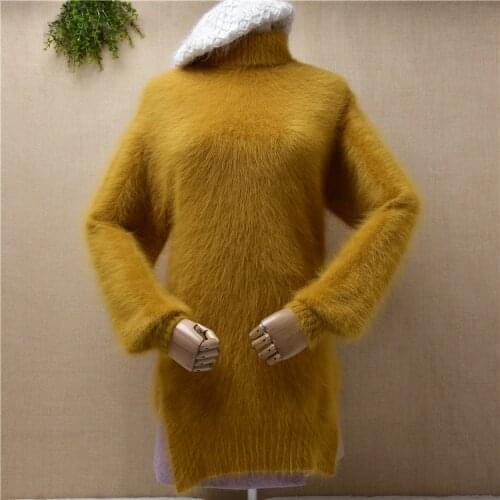 Female women autumn winter clothing hairy mink cashmere knitted turtleneck split slim blouses angora fur jumper sweater dress