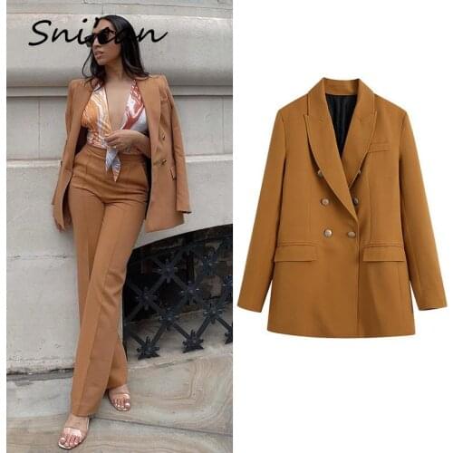 Solid Office Ladies Suit Jacket Coat Za 2021 Women Autumn Spring Double Breasted Blazer With Pockets Veste Femme Abrigo Mujer
