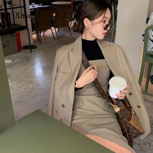 2021 Spring Business Suit Elegant Office Dress Ladies 2-Piece Long Sleeve Suit Jacket and Sleeveless Dress Set