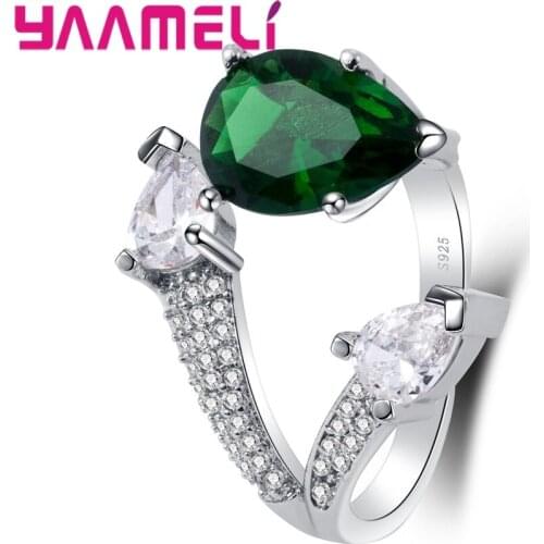 New Fashion 925 Sterling Silver Special Design Water Shape Green Cubic Zirconia Crystal Finger Rings For Women Girls
