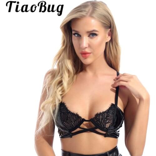 Womens Lingerie Hot Sexy Bra Top Wet Look Patent Leather Lace Patchwork Underwired Bra Shoulder Strap Hollow Out Brassiere