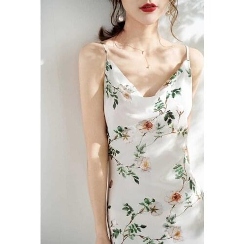New Plant Print Silky Suspender Dress Women French Elegant V Neck Long Dresses Female Summer Casual Sleeveless Dresses