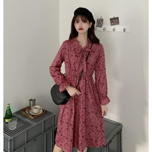 Autumn Sweet Style Print Dress for Women Flare Sleeve Chic V-neck Bow Loose Dresses Floral Korean Clothing Fashion Female