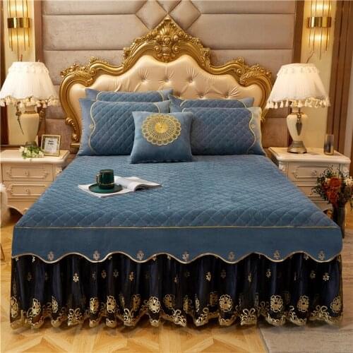 2020 new Thick crystal velvet quilting Bed spread Fitted Sheet Pillowcases 2/3 pcs Embroidery Pleated lace princess bedding