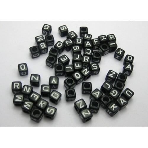 250 White in Black Acrylic Assorted Alphabet Letter Cube Pony Beads 6X6mm