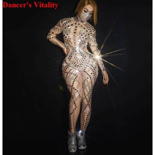Sequins Shiny Gold Sexy High-elastic Long-Sleeved Jumpsuit Female Singer Dancer Bright Tight Bodysuit Party Mesh Dress 2020 NEW