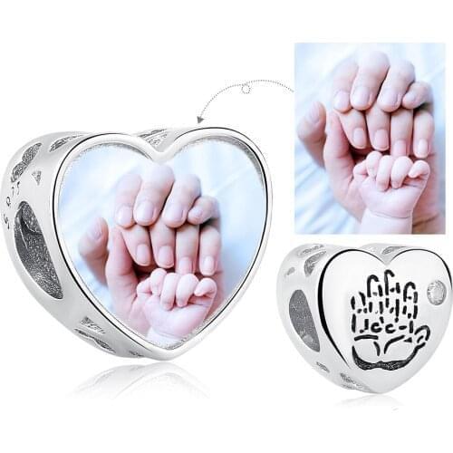 ELESHE 925 Sterling Silver Baby Handprint Heart Personalized Photo Bead for Women Girls Children fit Bracelets DIY Jewelry